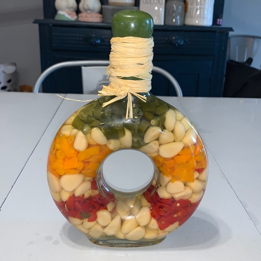 Decorative Vinegar Oil Bottle W/ Garlic & Peppers